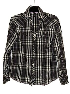 RU Cowgirl Western Plaid Pearl Snap Front Shirt Cotton Womens Large Black Purple